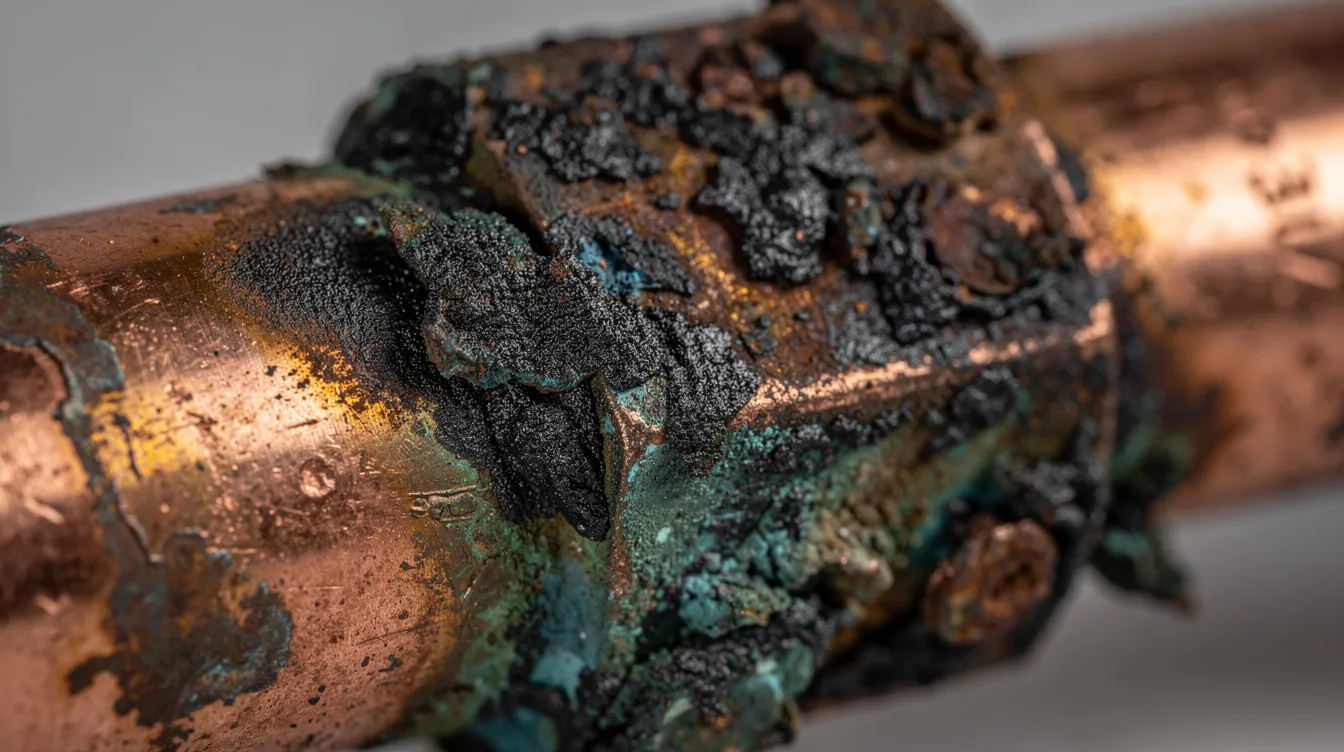 Close-up of corroded copper pipe fittings with dark black and green discoloration that can result from sulfur bacteria and hydrogen sulfide