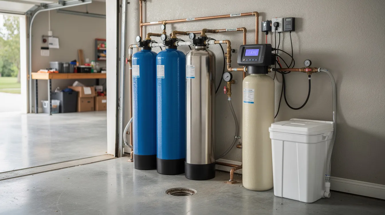 Whole-house water filtration and treatment system with multiple tanks installed in a residential garage