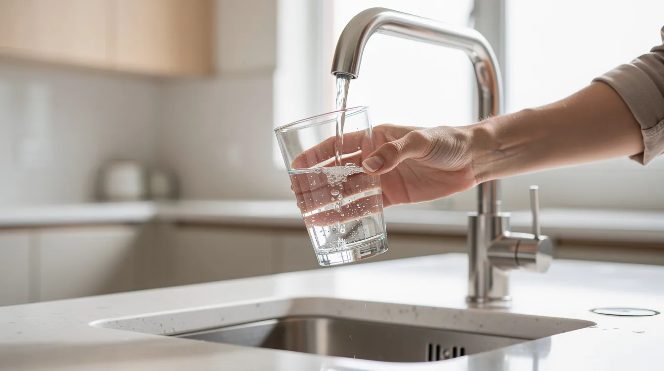 Homeowner filling a glass with drinking water from a kitchen faucet — well water quality concerns like hydrogen sulfide odor are common in Southwest Florida
