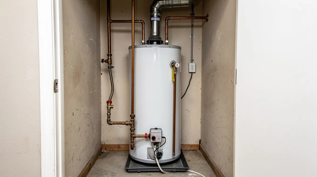 Residential tank water heater installed in a utility closet with visible pipes and connections